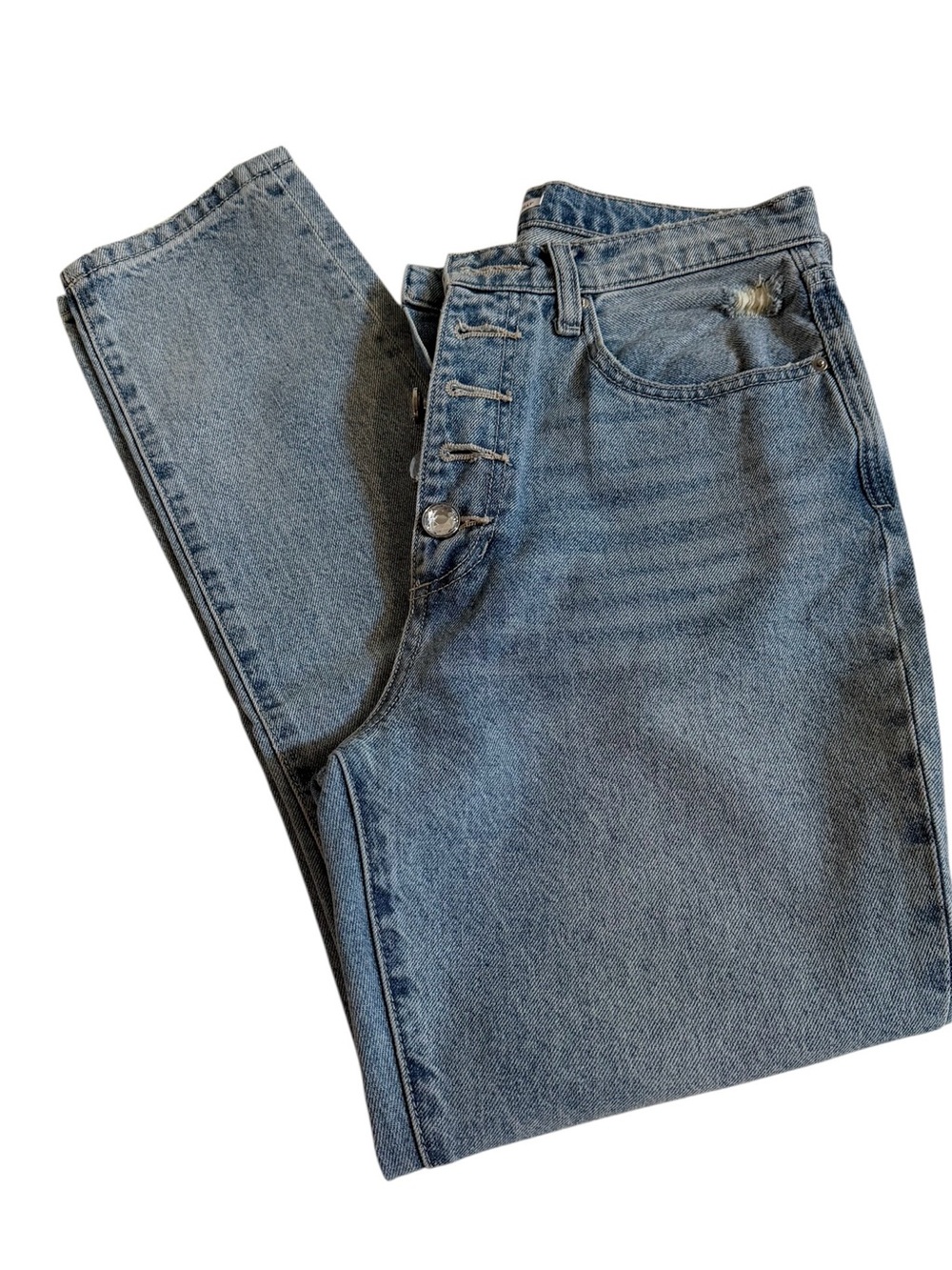 WeWoreWhat Women's Light Blue High-Rise Straight Jeans with Exposed Button Fly